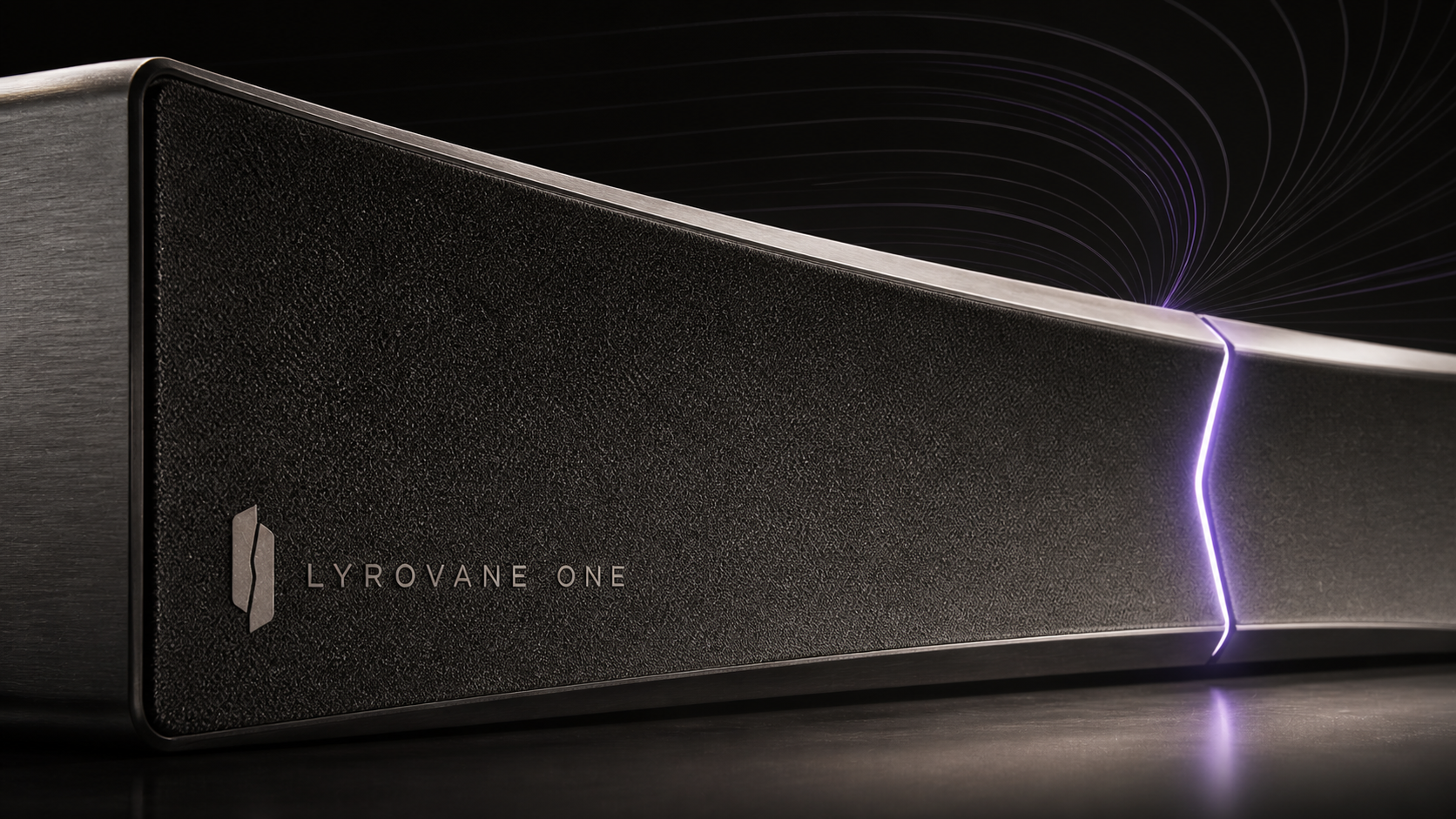 Macro concept visualization of LYROVANE ONE showing its graphite acoustic surface, engraved mark and violet resonance aperture