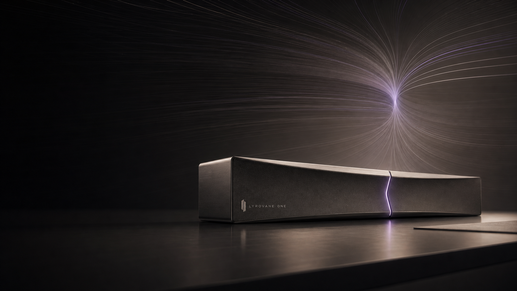 Concept visualization of LYROVANE ONE with the Quiet Portal mark and a focused field of sound